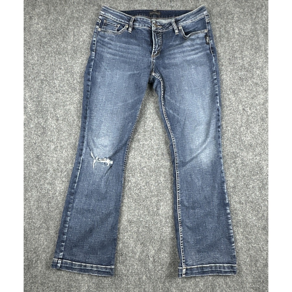 Silver Jeans Women's 31x31 Elyse Slim Boot Curvy Fit Medium Dark Wash Distressed